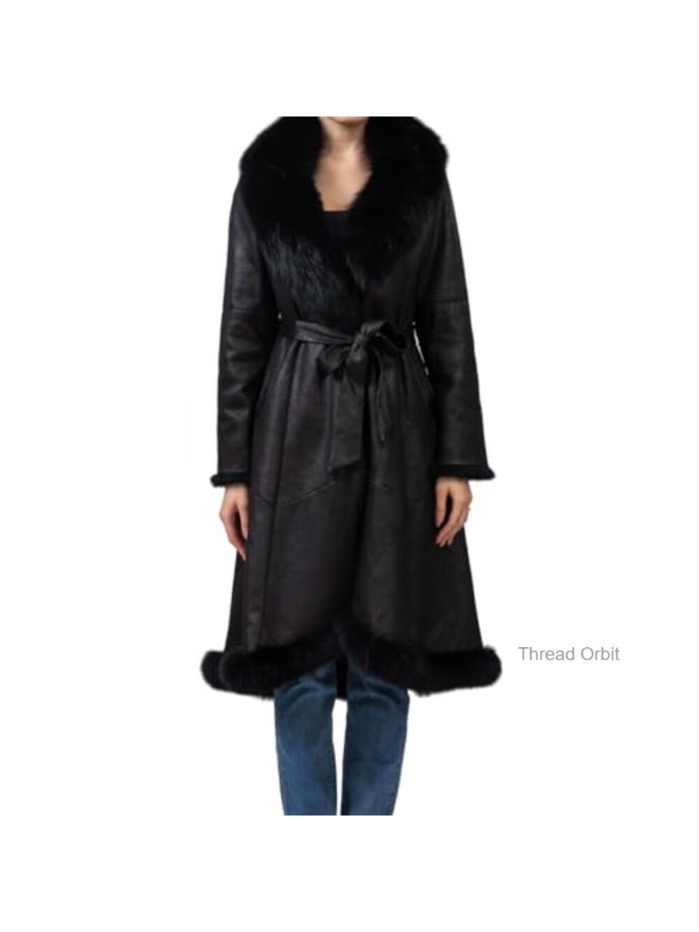 Women's Real Rabbit Fur Long Coat with Fox Fur Collar Belted Classic Fall
